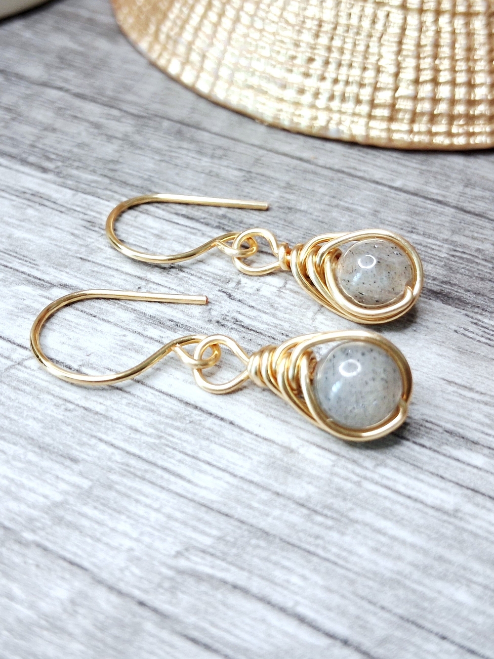 Gold Wire-Wrapped Earrings with Labradorite Gemstones